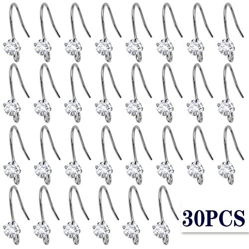 30pcs Silver Diamond Earring Hooks Hypoallergenic French Ear Wire Earrings Fish Hooks with Loop Hole for DIY Jewelry Making Accessories - color: Silver