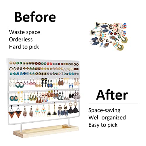 Earring Holder Organizer Stand - Earrings Display Rack 144 Holes Jewelry Holder Tower with Wooden Tray for Earrings Rings White - color: White