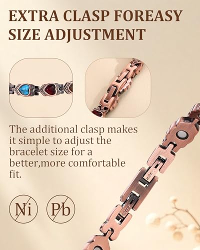 99.99% Pure Copper Bracelets for Women, Heart Wire Design Adjustable Jewelry with 3800 Gauss Ultra Magnets and Sizing Tool, Elegant Gift Box and Sizing Tool - color: Colorful Heart