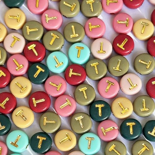 200PCS Round Letter Beads,4x7mm Color Acrylic Alphabet Beads T Beads with Letters for Bracelet Making Necklace Keychain Jewelry DIY (Letter T) - color: Letter T
