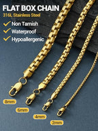 PROSTEEL Stylish Stainless Steel Flat Box Link Chain Necklace for Men, Silver/Gold/Black Tone, Hypoallergenic Jewelry, 14"-30", Come with Box - size: 28 inch(71cm), style: 2mm-Luxury Gold