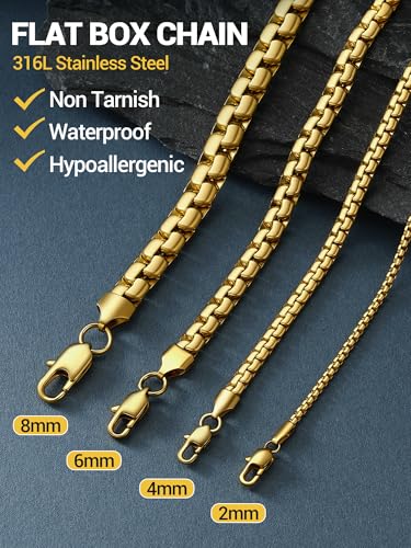 PROSTEEL Stylish Stainless Steel Flat Box Link Chain Necklace for Men, Silver/Gold/Black Tone, Hypoallergenic Jewelry, 14"-30", Come with Box - size: 26 inch(66cm), style: 2mm-Luxury Gold