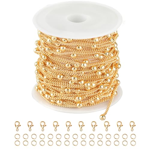 Kyutong 5 Meters Gold Plated Chain for Jewelry Making Thin Curb Link on Spool Beaded Chains Bulk for Necklace Bracelet Ankle Making Finding Jewelry Supplies - color: Bead Gold