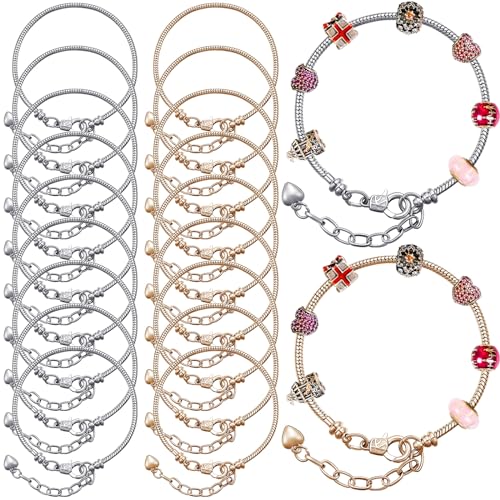 Hicarer 20 Pcs Chain Bracelet for Jewelry Making Women DIY Adjustable Snake Charm Bracelet with Heart Shape Extender Chain(Silver, Gold) - color: Silver, Gold