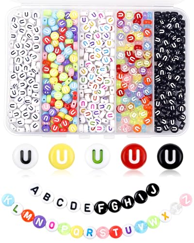 FIVEIZERO 500PCS Letter U Beads, 4x7mm Colored Round Acrylic Alphabet Beads for Friendship Bracelet Making and DIY Crafts - color: Letter U