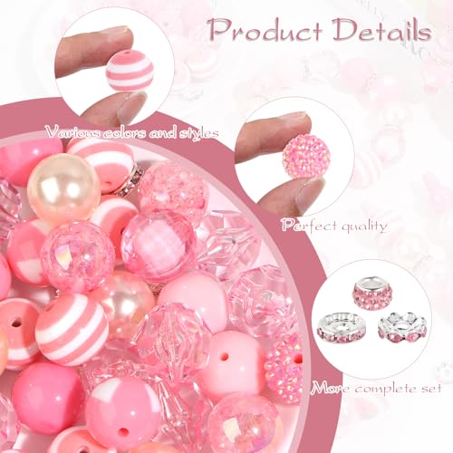 35 Pcs Chunky Bubblegum Beads 20mm Focal Pen Large Rhinestone Pearl Bead with Rhinestone Large Hole European Spacer Bead for DIY Beadable Pen School Jewelry Making Keychain Craft Making(Pink) - color: Pink