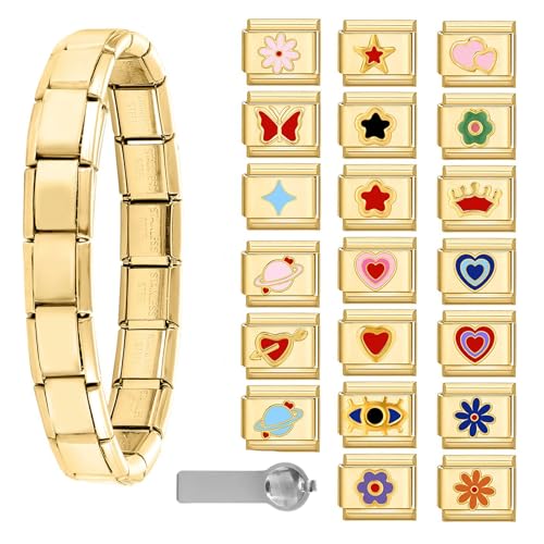 Italian Charms Bracelet Sets with 1Pcs Starter Brascelet 9Pcs Charms 9mm Italian Modular Charm Bracelet DIY Module Jewelry Gifts - color: A-Starter Bracelet Set-20Pcs Gold Red