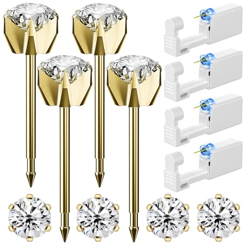 Nunpag 12 Pcs Ear Piercing Kit Disposable Ear Piercing Gun Kit with 4 Pcs 6 Prong Setting Cubic Zirconia Earrings Stud 316L Stainless Steel Easy to Use at Home Self Ear Piercer Gun Kit Tool - color: Gold