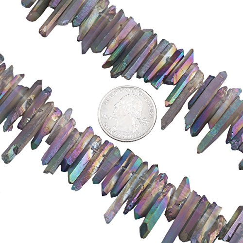 SUNYIK Transparent Green Titanium Coated Crystal Points Quartz Rough Sticks Spikes Point Beads 15 inch Strand Drilled - color: Transparent Green(Rough), size: 0.4"-1.3"