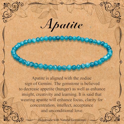 BONNY BOXX Natural Genuine Gemstone Faceted Round Beads Bracelets, 3mm Adjustable Stretchy Tiny Faceted Black Tourmaline Bracelet, Healing Crystal Reiki Chakra Dainty Jewelry Fashion Gifts - color: Apatite