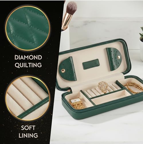 Bey-Berk Diamond-Quilted Leather Travel Jewelry Case, Green, 9" x 4" x 1.75" - color: Green