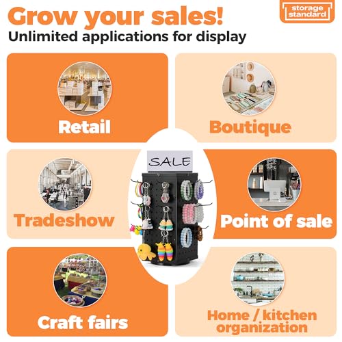 Rotating Pegboard Display Stand With 24 Hooks - Metal Spinning Peg Board Displays, Stands for Retail, Vendors, Selling & Shows - 4-Sided Craft Rack Organizer for Products, Accessories, Jewelry