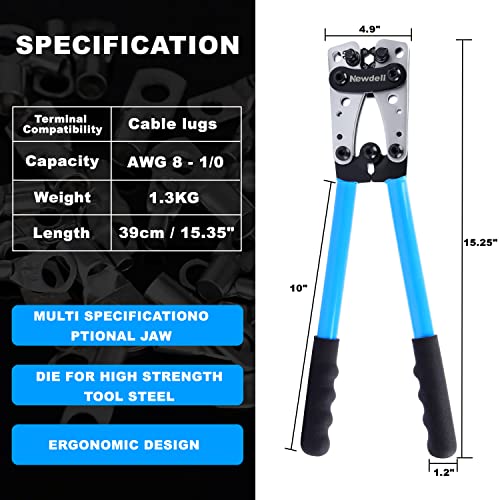 Newdeli Battery Cable Lug Crimping Tool 10-1/0 AWG with 60Pcs Copper Ring Terminals 8 Sizes Cable Lugs Set, Heavy Duty Wire Crimper for Battery Wire Terminal - style: Crimper with 60Pcs Lugs