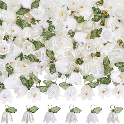 SUNNYCLUE 1 Box 120Pcs Lily Flower Charm White Lily Charms Acrylic Small Spring Floral Bell Leaves Lilies of The Valley Pendant Charm for Jewelry Making Charms Pendants Necklaces Supplies DIY Crafts - style: Chic