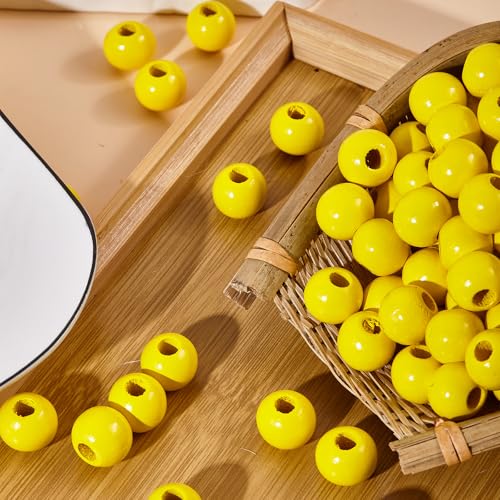 240Pcs Yellow Wood Beads 16mm for Craft Large Hole Wood Beads for Craft - color: Yellow