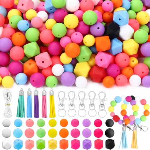 Vellibring 131 PCS Silicone Beads for Keychain Making Kit,12mm 15mm Round 14mm Polygonal Rubber Beads Multicolor Bulk Silicone Loose Beads for DIY Necklace Bracelet Jewelry Making Supplies - color: Color3