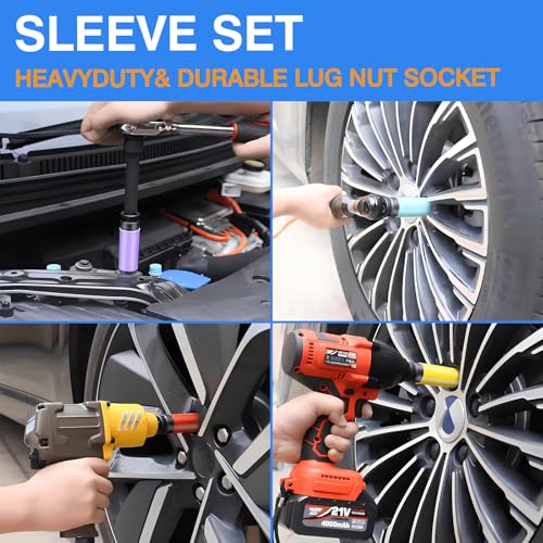 4PCS 1/2" Drive Wheel Protector Impact Socket, Non-Marring Lug Nut Deep Socket Set, CR-MO, 6 Point, Color-Coded Protective Socket | Metric 17 19 21 22 mm - size: 1/2" Protective Cover Sockets 4pcs