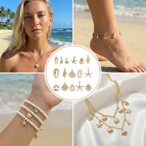 16Pcs Beach Charms, Summer Pendant Starfish Seashells Conches Ocean Charms for Jewelry Making, Alloy Charm Pendants for Bracelets Necklaces Earrings Keychain DIY Crafts Accessories, Gold