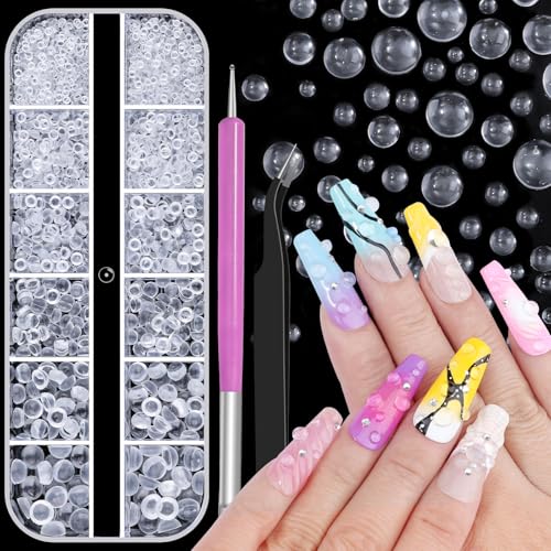 1600Pcs 3D Mixed Sizes Bubble Beads Nail Charms Jewelry, 2-6mm 3D Semi-Circular Dewdrop Water Droplets Bubble Balls Flatback Rhinestones Jewels Gems with Pickup Tools for Nails DIY Crafts(15-K1-beads) - color: 15-K1-white-bubble-beads