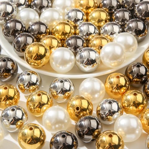 160pcs Chunk Bubblegum Beads 20mm Pearl Beadable Bead Pen Ball Beads for Pen Bag Jewelry Making Necklace Bracelets (White&Golden&Silver) - color: white&golden&silver