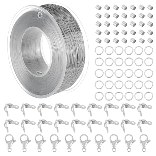 BENECREAT 984 FT Stainless Steel Beading Wire, 0.3mm Tiger Tail Wire with 200pcs Jump Rings, 200pcs Crimp Beads 100pcs Bead Tips and 30pcs Lobster Clasps for Jewellery Making - size: 0.3mm, style: 1 Strand