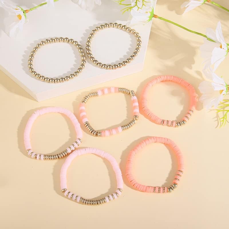 Pingyongchang Heishi Gold Beaded Bracelets Set for Women Men Bohemian Polymer Clay Colorful Surfer Vinyl Disc Stretch Layering Stackable Friendship Boho Bracelet Summer Beach Jewelry Gifts - color: Pink