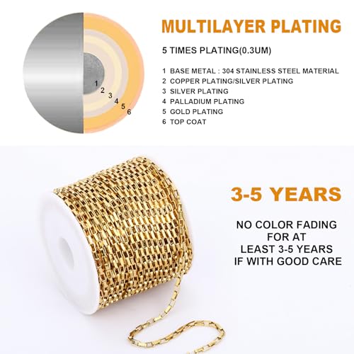 33 Feet 18K Gold PVD Plated Stainless Steel Box Chains Bulk, 2mm 304 Stainless Steel Chain Spool Square Link Box Chain Roll Bulk for Jewelry Making - color: 2MM Gold Square Box Chain