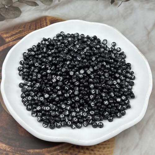 1000pcs Round Letter Beads 4x7mm Acrylic Alphabet Beads Spacer Beads for Jewelry Making Bracelets Necklace Earring Key Chains DIY Craft(R-Silver Letter Black Bead) - color: R-Silver Letter Black Bead