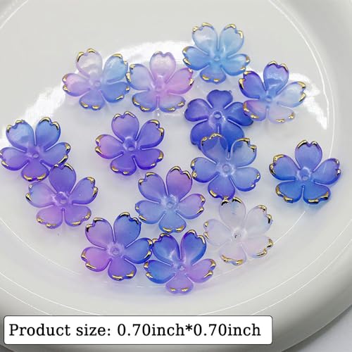 50Pcs Cherry Blossom Acrylic Flower Beads, Mini Floral Spacer Beads for Jewelry Making 5-Petal Gradient Flower Bead Gold-Plated Flowers Bead Charms for Bracelets (Blue-Violet Gradient) - color: Blue-Violet Gradient