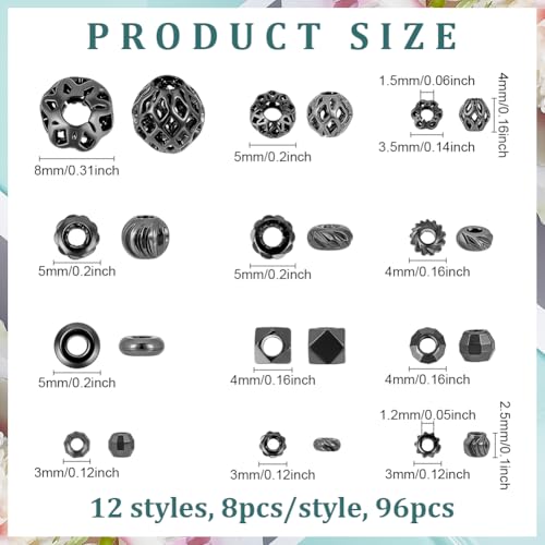PH PandaHall 12 Styles Brass Spacer Beads, 96PCS Gunmetal Jewelry Beads Pumpkin Round Metal Spacers Polygon Flower Beading for DIY Summer Bracelet Necklace Jewelry Making Craft, 3-8mm
