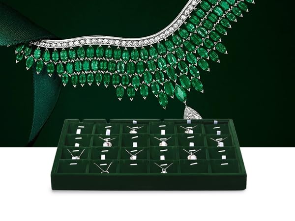 24 Grids Velvet Necklace Tray Necklace Holder Storage Jewelry Display Tray for Drawers With Removable Jewellery Cards for Bracelet Chain Pendant (Green) - size: 24 Grid With Insert