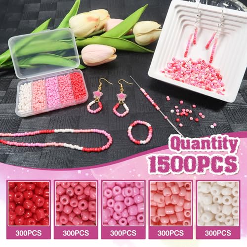 TOAOB 1500pcs 3mm Pink Colors Opaque Seed Beads Kit Glass Round Small Spacer Beads with Beading Pin for DIY Beading Weaving Earrings Bracelets Necklaces Eyeglass Chain Art Crafts Jewelry Making - color: Pink Series