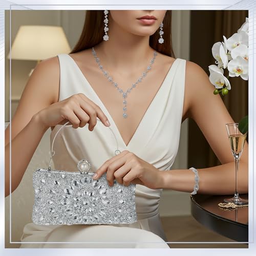 Quelay 4 Pcs Purse Rhinestone Jewelry Set Evening Clutch Bag Bling Crystal Necklace Dangle Earrings Bracelets Accessories - color: Silver, size: Groovy Style