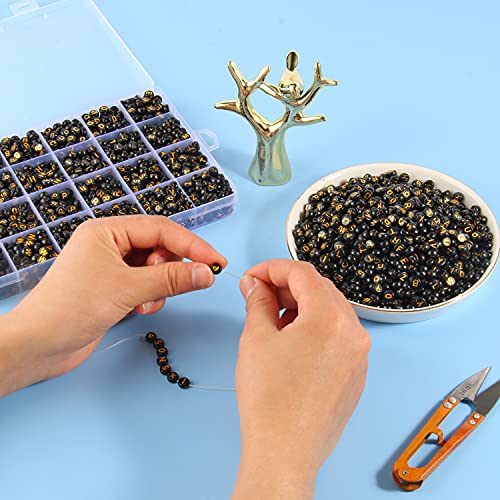 1400pcs Round Acrylic A-Z Alphabet Beads - Gold & Black Letter Beads for Bracelet Making, 28 Grid Box - color: Black, Gold