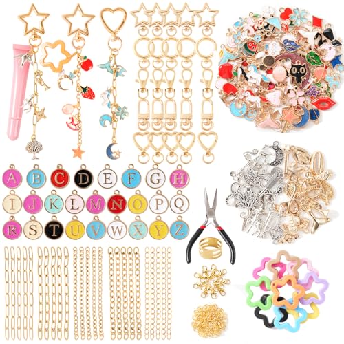 428Pcs Charms Lip Gloss Keychain Making Kit, DIY Bag Charm Kit with 25 Keychain Clips 25 Extender Chain 140 Charms Jewelry Plier & Beading Accessories, Jewelry Making Kit for Custom Keychains Gifts