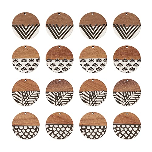 FASHEWELRY 16Pcs Flat Round Wood Resin Earrings Charms 35mm Round Wooden Earring Blanks Charms 4 Styles Wooden Earring Findings for Jewelry Making - color: Flat Round-4 Styles-Mixed Pattern