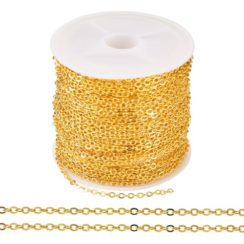 Cheriswelry 32.81Feet/10m Brass Golden Cable Chain Twisted Soldered Chain Iron Curb Link Chain 2.5x2x0.3mm for Necklace Anklet Choker Jewelry Making Valentine’s Day Decor - color: Golden