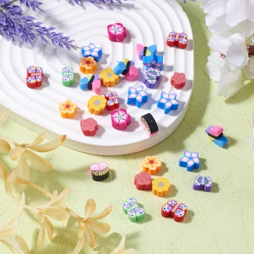 200Pcs Butterfly Flower Polymer Clay Beads Colorful Floral Butterfly Clay Beads for DIY Bracelet Necklace Earring Jewelry Making