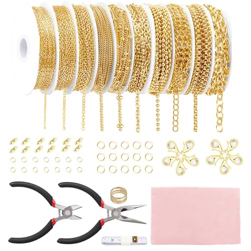 Fesorsi Gold Chain for Jewelry Making, 78.5ft 10 Style Steel Jewelry Chain, Electroplating Process, for DIY Necklace Chains, Tassel Pendants, with Jump Ring, Lobster Clasp, Pliers - color: Gold, size: 78.5ft 10Style