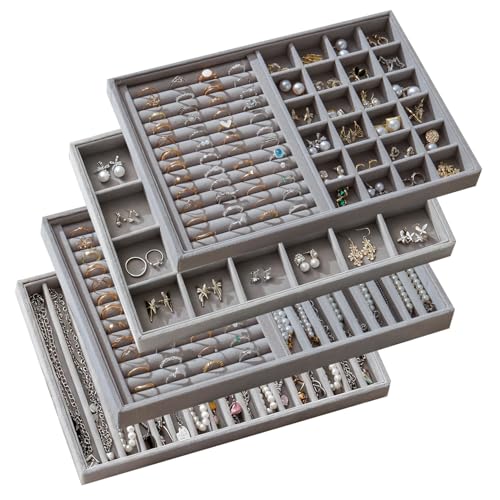 Large Jewelry Drawer Organizer Trays Set of 4, Stackable Velvet Jewelry Trays Organizer Holder Display Storage Showcase for Earring Necklace Bracelet Ring Accessary (Gray, R1+R2+16+24 Grids) - color: Gray, size: R1+R2+16+24 Grids