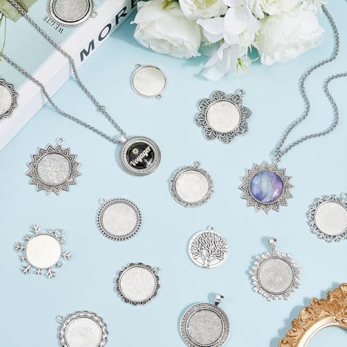 SUNNYCLUE 1 Box 20Pcs 25mm Blank Bezel Pendant Trays Round Bezel Pendant Trays Antique Silver Metal Flower Base Cabochons Settings Charms for Jewelry Making Photo Findings Necklace DIY Craftings - style: Style 2