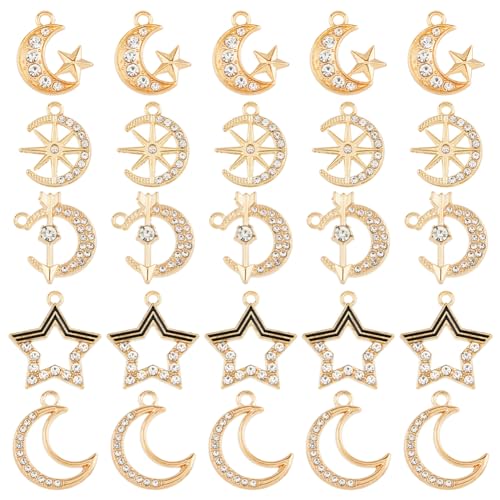 Brass 18k Gold Plated Charms Brass Pave Cubic Zirconia Charms Real 18k Gold Plated Charm Assorted Crystal Sun Star Moon Charm for Bracelet Earring Jewelry Making - size: 19.5mm