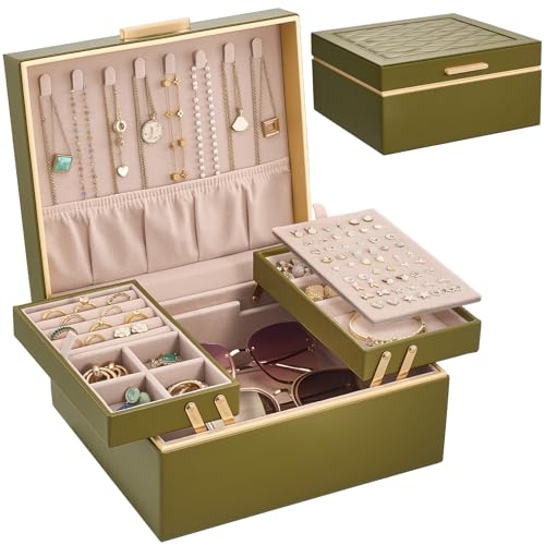 Lolalet Jewelry Box Organizer for Women Girls, 2 Layer Jewelry Organizers and Storage for Necklace Earrings Rings Bracelets, Large Jewellery Holder Case Birthday Mothers Day Gifts -Olive Green - color: Olivegreen
