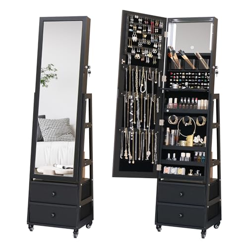 Jewelry Cabinet with Standing Mirror Lockable Full Length Mirror with Drawers Jewelry Organizer Armoire with Wheels,Floor Mirror with Back Storage Shelves for Bedroom Christmas Gift for Friend Black - color: Black, size: 63*16+No LED Lights