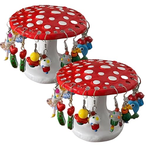 2-Piece Cute Mushroom Earring Holder Stand – Hand-Painted Jewelry Organizer Display Rack for Studs, Earrings, and Other Accessories – Room Decor Gift for Girls, Women, Teens (Red) - color: Red