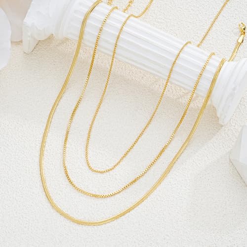 Gold Layered Necklaces for Women, 14K Gold Plated Dainty Gold Chain Choker Necklace Stack, Herringbone Gold Necklaces Set - color: gold-3-Box