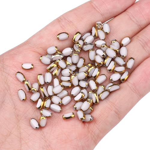 Glass Rice Beads White 4x6mm 50pcs Faceted Oval Golden Edge Crystal Loose Beads for DIY Craft Jewelry Making - color: White