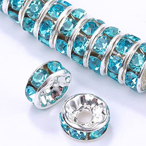 Weebee 100Pcs Rondelle Spacer Beads Crystal Charms Silver Plated Czech Rhinestone Loose Beads for Jewelry Making DIY Bracelets (Aquamarine, 6mm) - color: Aquamarine, size: 6mm