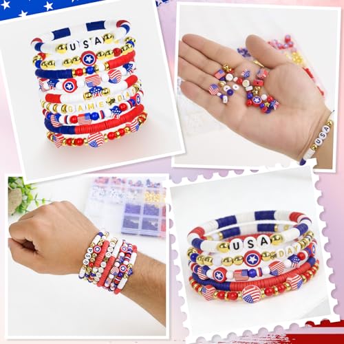 YXFEIR 2480pcs Clay Beads & Charms Jewelry Making Kit, 4th of July White Red Blue Beads Bracelet with Clay Beads Glass Seed Beads, Patriotic-Themed Bracelet Making Kit with Letter Beads and Charms