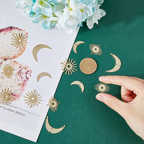 SUPERFINDINGS 16Pcs 4 Styles Moon Sun Connector Charms - Real 24K Gold Crescent Links With Double Hole - Brass Moon Sun Shaped Blank Links for DIY Earring Jewelry Making